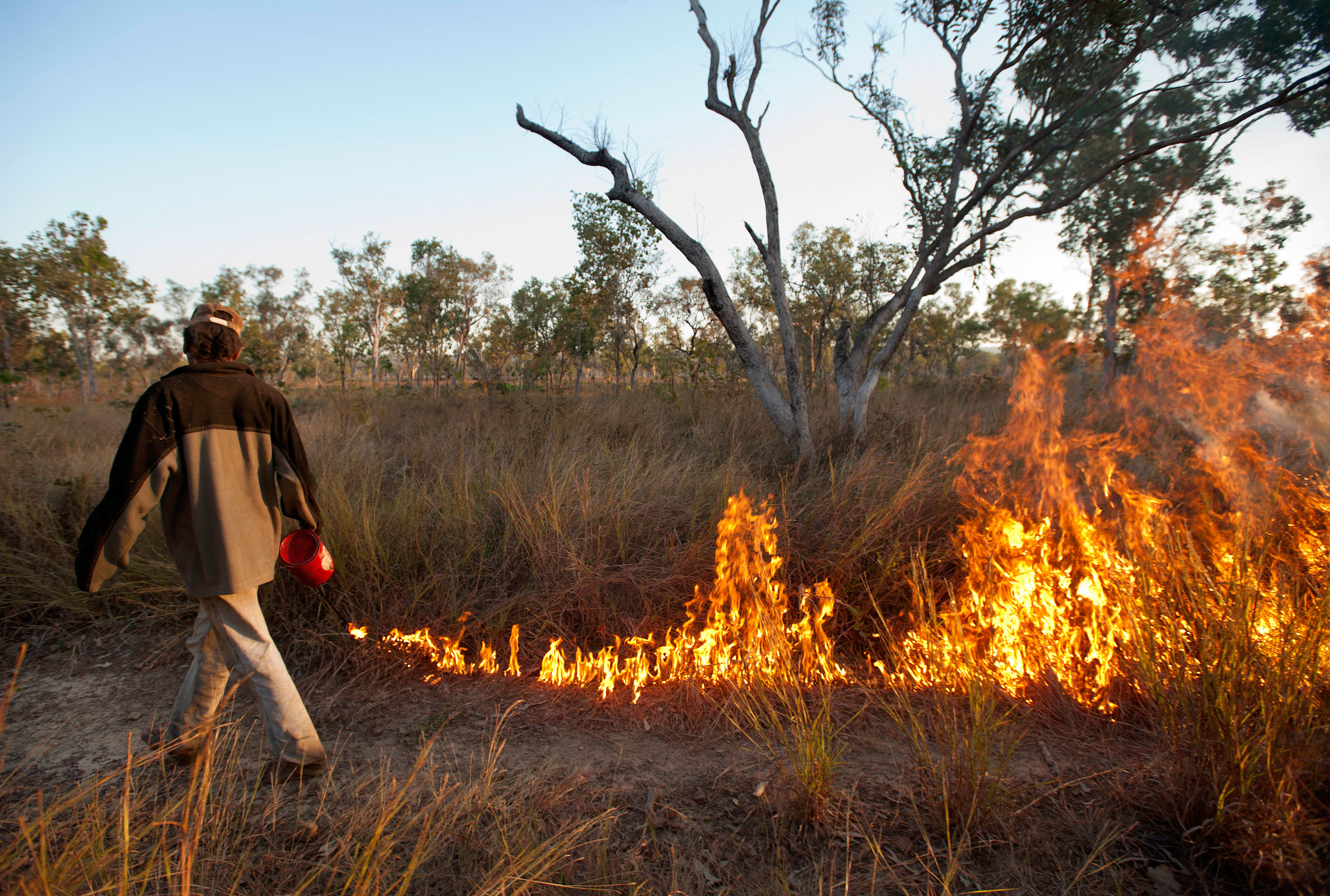 A man tending a controlled burn on a grassy area