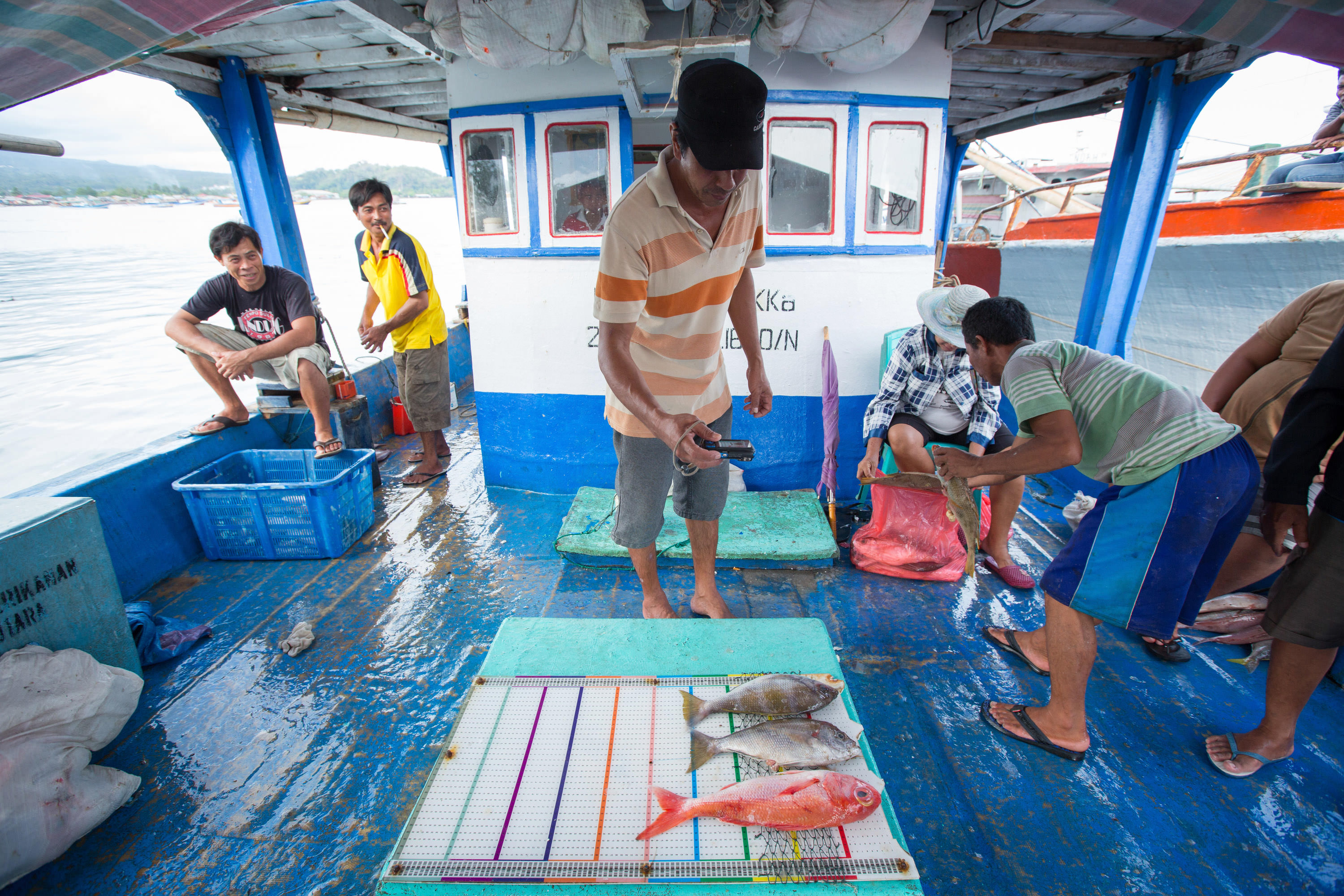 a man on a boat stands over some caught fish as they're being measured